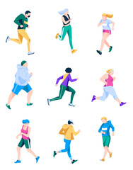 Fototapeta na wymiar People dressed in sportswear jogging set. Female and male athletes taking part in competition, doing workout, running for weight loss. Active healthy lifestyle concept flat vector illustration