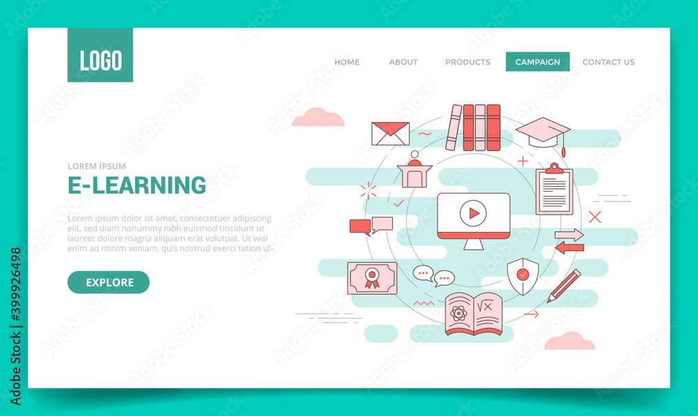 Poster e-learning concept video tutorial book cap discussion science shield protection with circle icon for