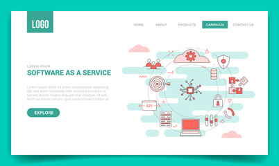 software as a service concept cloud computing network connection plan puzzle server laptop padlock with circle icon for website template or landing page banner homepage outline style