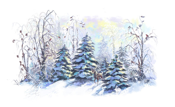 Picturesque winter landscape in the style of impressionism. Postcard. Digital illustration.