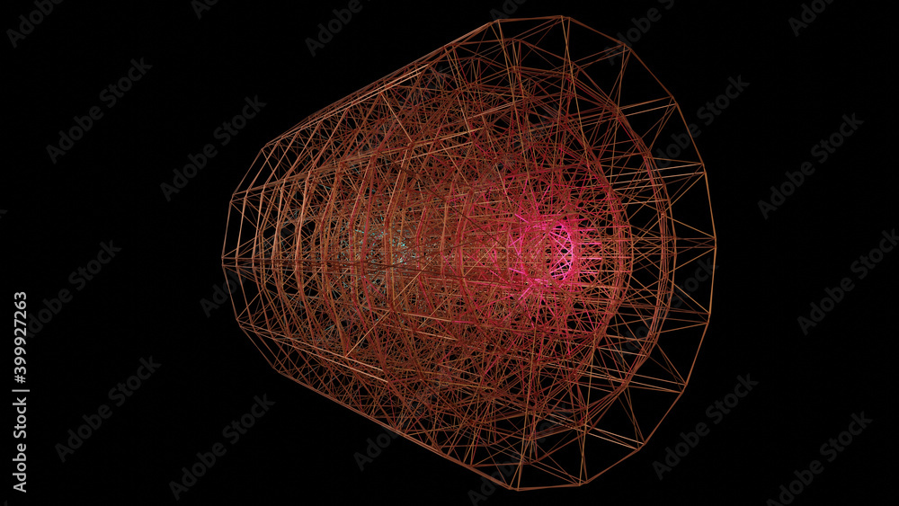 Poster 3d illustration graphic of a abstract 3d sci-fi wireframe object rotating on it axis, isolated on bl