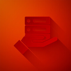 Paper cut Server, Data, Web Hosting icon isolated on red background. Paper art style. Vector Illustration.