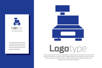 Blue Cash register machine with a check icon isolated on white background. Cashier sign. Cashbox symbol. Logo design template element. Vector Illustration.