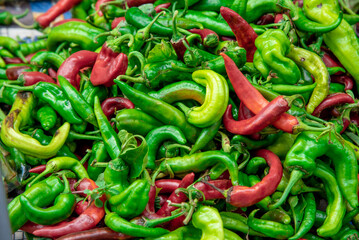 red and green pepper on Turkish market counter, no people