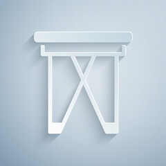 Paper cut Camping portable folding chair icon isolated on grey background. Rest and relax equipment. Fishing seat. Paper art style. Vector.