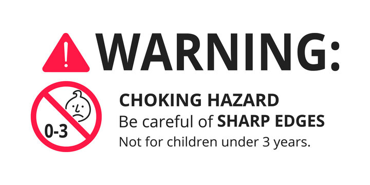 Choking hazard forbidden sign sticker not suitable for children under 3 years isolated on white background vector illustration. Warning triangle, sharp edges and small parts danger circle prohibition.