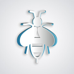 Paper cut Bee icon isolated on grey background. Sweet natural food. Honeybee or apis with wings symbol. Flying insect. Paper art style. Vector.