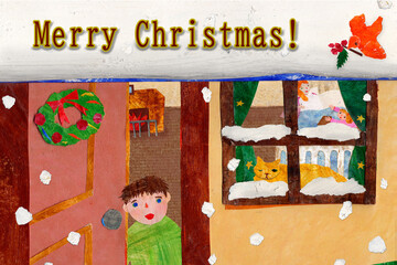 クリスマスカード　雪　少年　猫　リース