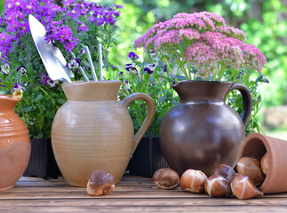 gardening tools in a water jug placed with others on a table with flowers and bulbs in a garden