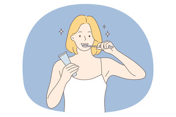 Beauty, dental care, hygiene concept. Young smiling woman cartoon character using toothpaste for mouth and tooth hygiene and whitening color at home. Dental care, wellness 