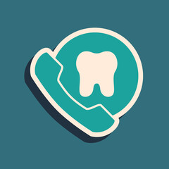 Green Online dental care icon isolated on green background. Dental service information call center. Long shadow style. Vector.