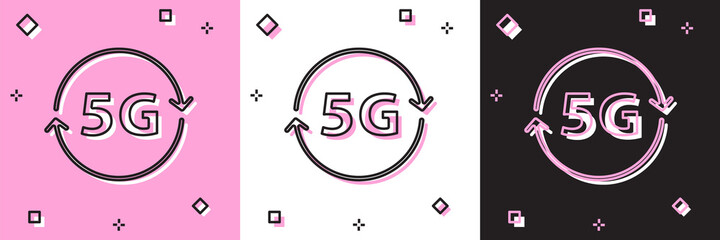 Set 5G new wireless internet wifi connection icon isolated on pink and white, black background. Global network high speed connection data rate technology. Vector.