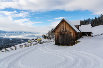 Kleinlobming, Austria - December 13, 2020: Stoana hut in the winter