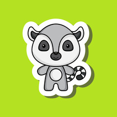 Cute cartoon sticker little lemur. Mascot animal character design for for kids cards, baby shower, posters, b-day invitation, clothes. Colored childish vector illustration in cartoon style.