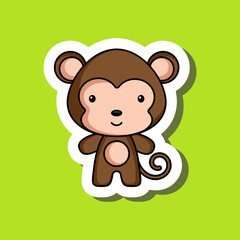 Cute cartoon sticker little monkey. Mascot animal character design for for kids cards, baby shower, posters, b-day invitation, clothes. Colored childish vector illustration in cartoon style.