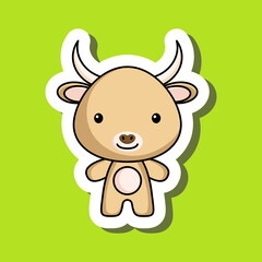 Cute cartoon sticker little yak. Mascot animal character design for for kids cards, baby shower, posters, b-day invitation, clothes. Colored childish vector illustration in cartoon style.