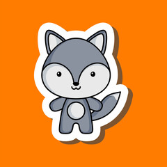 Cute cartoon sticker little wolf. Mascot animal character design for for kids cards, baby shower, posters, b-day invitation, clothes. Colored childish vector illustration in cartoon style.