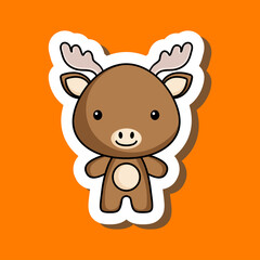 Cute cartoon sticker little moose. Mascot animal character design for for kids cards, baby shower, posters, b-day invitation, clothes. Colored childish vector illustration in cartoon style.