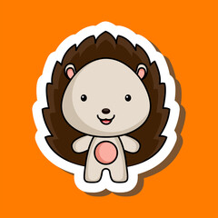 Cute cartoon sticker little hedgehog. Mascot animal character design for for kids cards, baby shower, posters, b-day invitation, clothes. Colored childish vector illustration in cartoon style.