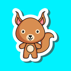 Cute cartoon sticker little squirrel. Mascot animal character design for for kids cards, baby shower, posters, b-day invitation, clothes. Colored childish vector illustration in cartoon style.