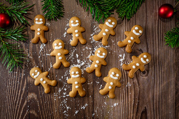 Christmas homemade gingerbread cookies on table. Happy New Year. Festive background. Selective focus