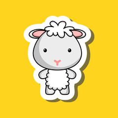Cute cartoon sticker little sheep. Mascot animal character design for for kids cards, baby shower, posters, b-day invitation, clothes. Colored childish vector illustration in cartoon style.
