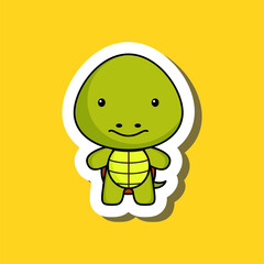 Cute cartoon sticker little turtle. Mascot animal character design for for kids cards, baby shower, posters, b-day invitation, clothes. Colored childish vector illustration in cartoon style.