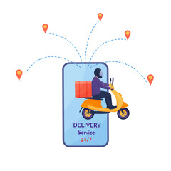 Delivery service online poster. Courier on a scooter and the smartphone.  Vector colorful isolated  illustration in flat style.