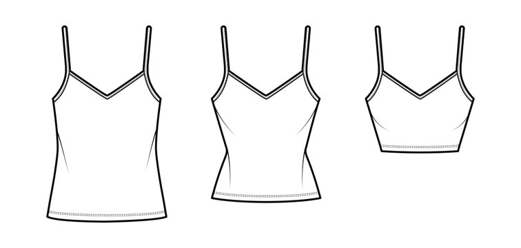 Set of Camisoles V-neck cotton-jersey top technical fashion illustration with thin straps, oversized or slim body, tunic or crop length. Flat tank template front white color. Women men CAD mockup