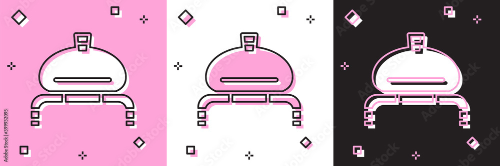 Poster Set Bread and salt on towel icon isolated on pink and white, black background. National food loaf. Traditional ukrainian wedding bread. Vector.