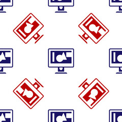 Blue and red Computer monitor screen icon isolated seamless pattern on white background. Electronic device. Front view. Vector.