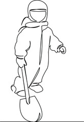 child with a shovel in winter