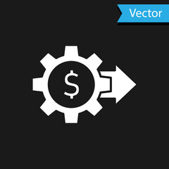 White Gear with dollar symbol icon isolated on black background. Business and finance conceptual icon. Vector.