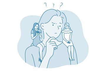 Frustration, doubt, difficult choice concept. Young thinking woman cartoon character standing with two different people on shoulders trying to find best solution and understand what to do