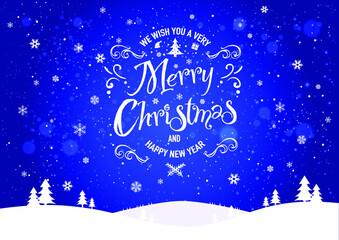 Fototapeta na wymiar Christmas and New Year Typographical on blue gradient background with winter landscape with snowflakes, light, stars.