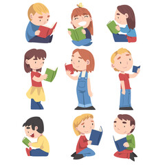 Kids Sitting On Floor and Reading Books Set, Cute Adorable Boys and Girls Enjoying of Literature Cartoon Style Vector Illustration