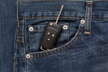 Switch key is lying in side pocket of blue jeans.