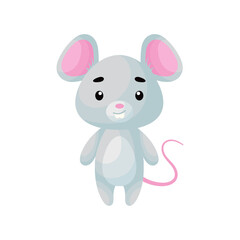 Cute little mouse on white background. Cartoon animal character for kids cards, baby shower, posters, b-day invitation, clothes. Bright colored childish vector illustration in ecartoon style.