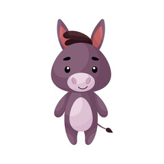 Cute little donkey on white background. Cartoon animal character for kids cards, baby shower, posters, b-day invitation, clothes. Bright colored childish vector illustration in ecartoon style.
