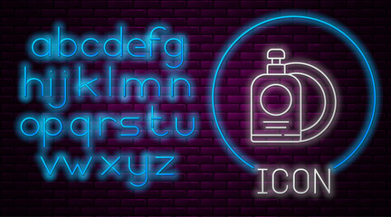 Glowing neon line Dishwashing liquid bottle and plate icon isolated on brick wall background. Liquid detergent for washing dishes. Neon light alphabet. Vector Illustration.