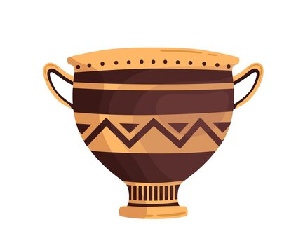 Ancient ornamented vase with handles. Hellenic clay amphora. Greek pottery decorated with ornament. Flat vector cartoon illustration of grecian crockery skyphos isolated on white background