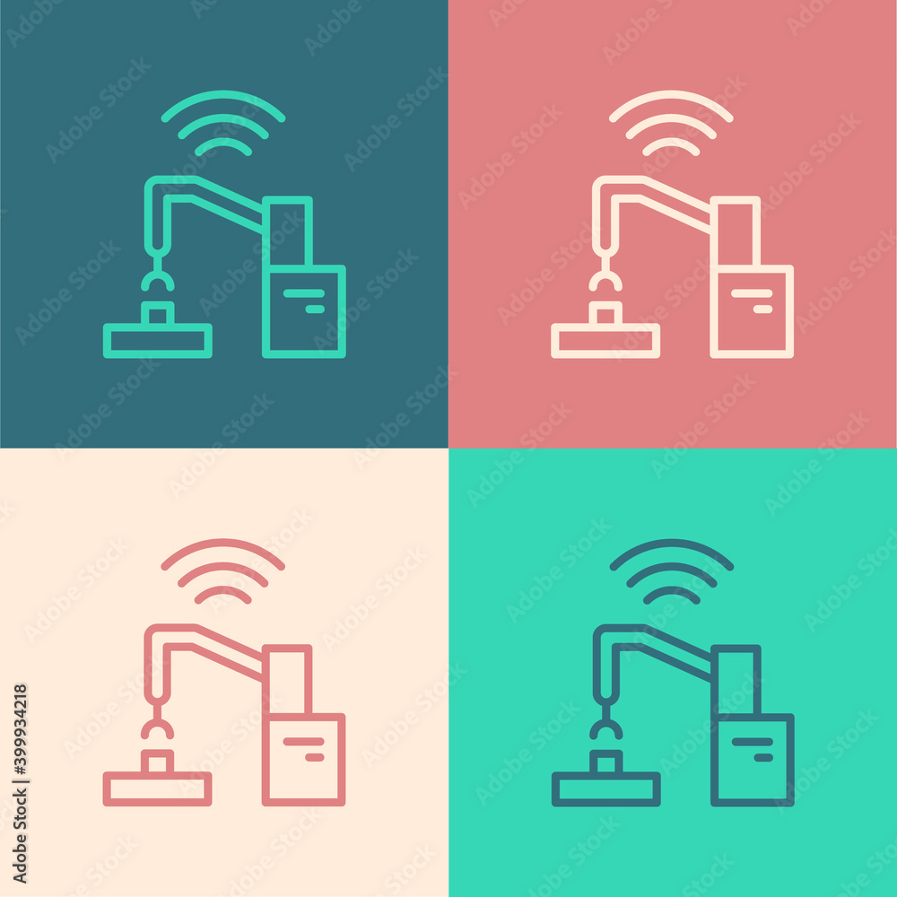 Poster pop art line industrial machine robotic robot arm hand factory icon isolated on color background. in