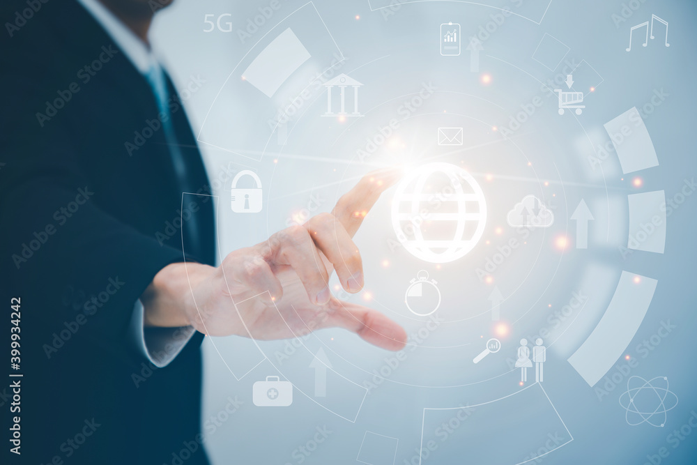 Poster new technology concept, businessman touch the earth connect with icon cloud computing network of a m