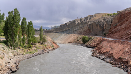 Colorful landscape view on Zeravshan river in Aini district, Sughd province, Tajikistan