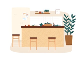 Cozy kitchen interior with fridge, modern table and food ingredient on it. Hygge design of dining room. Dinner preparation at comfortable cooking area. Vector illustration in flat style