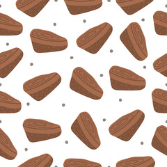 Seamless pattern with hand drawn piece of chocolate cake on a white background. Doodle, simple illustration. It can be used for decoration of textile, paper and other surfaces.