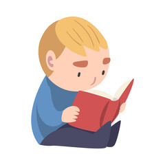 Cute Boy Sitting On Floor and Reading Book, Cute Adorable Kid Enjoying of Literature, Elementary School Student Character Cartoon Style Vector Illustration
