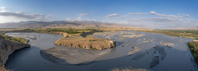 Scenic panoramic landscape of Zeravshan river valley near Panjakent, Sughd, Tajikistan