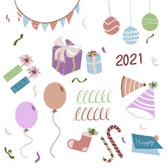 new year 2021 and christmas celebrate party object illrustation on white background.
