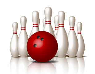 Naklejka premium 3d realistic vector bowling icon, isolated on white background, red ball.